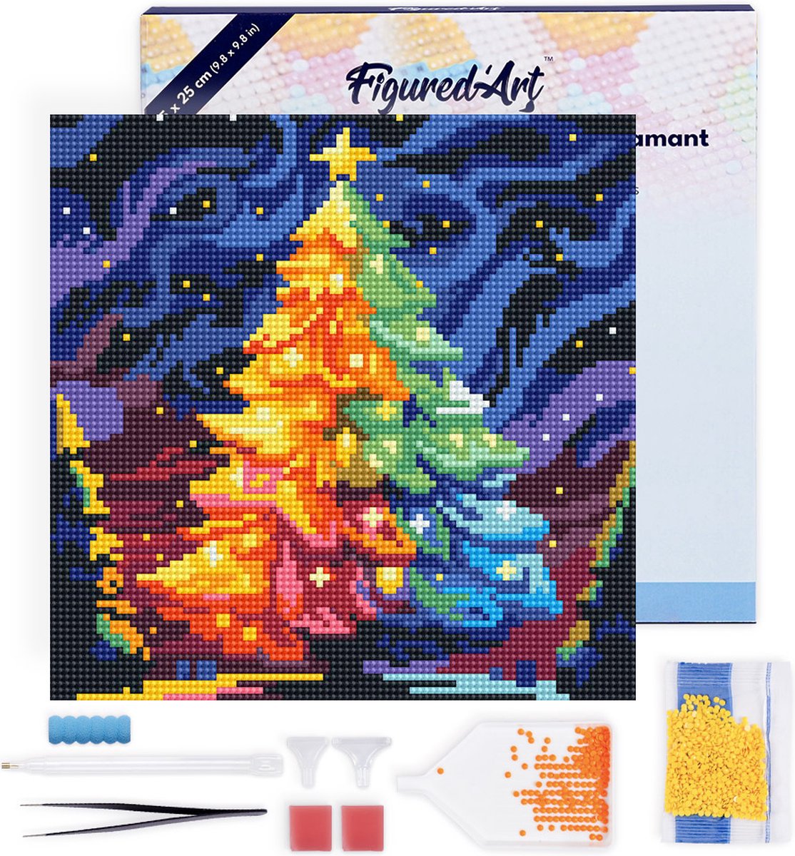 FiguredArt Mini Diamond Painting set Volwassenen 25x25 cm met lijst Kleurrijke Kerstboom - 5D DIY Art full drill ronde diamant - Canvas al ingelijst